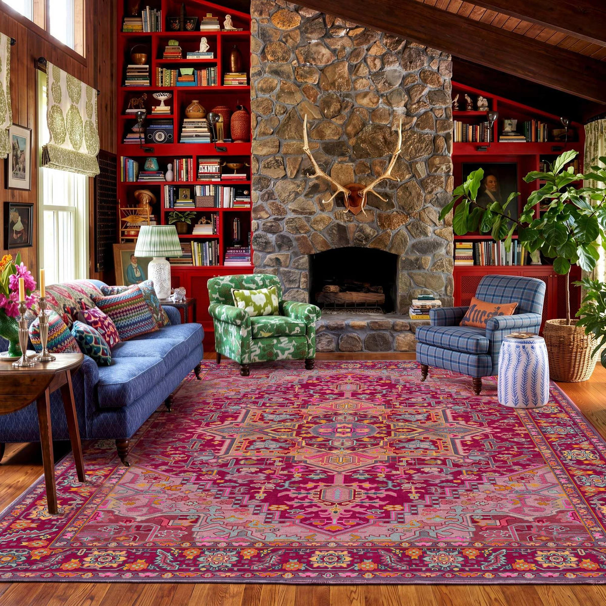 Kokia 9x12 Washable Area Rugs Maroon with Vintage Orient Design, Soft Rug for Living Room or Bedroom, Non-Slip Low Pile Stain Resistance Features, Distressed Medallion Pattern