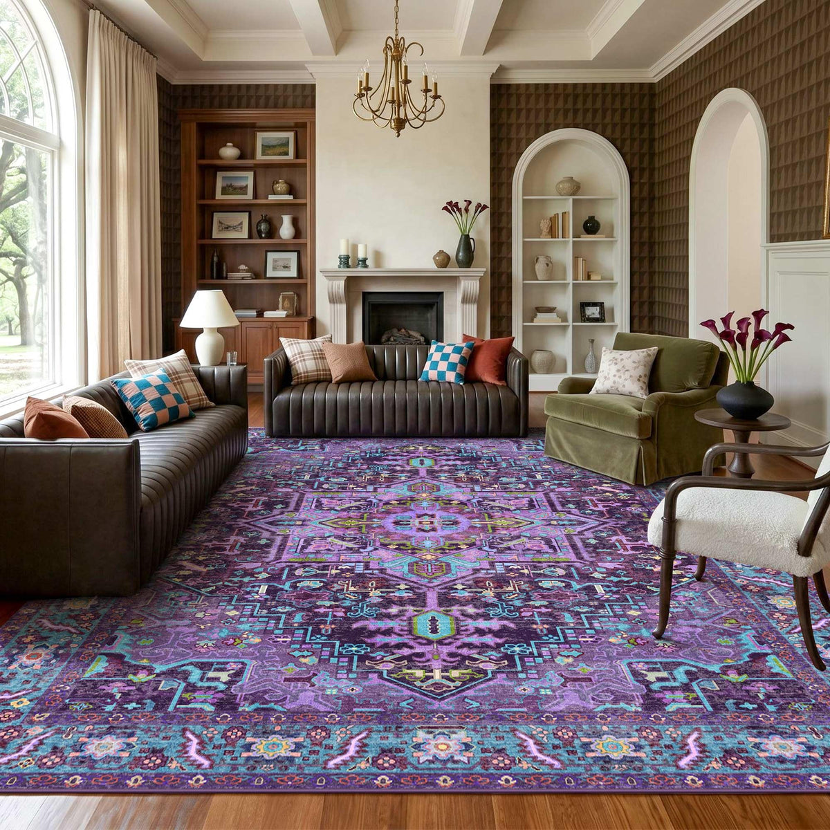Kokia 9x12 Washable Area Rugs Maroon with Vintage Orient Design, Soft Rug for Living Room or Bedroom, Non-Slip Low Pile Stain Resistance Features, Distressed Medallion Pattern