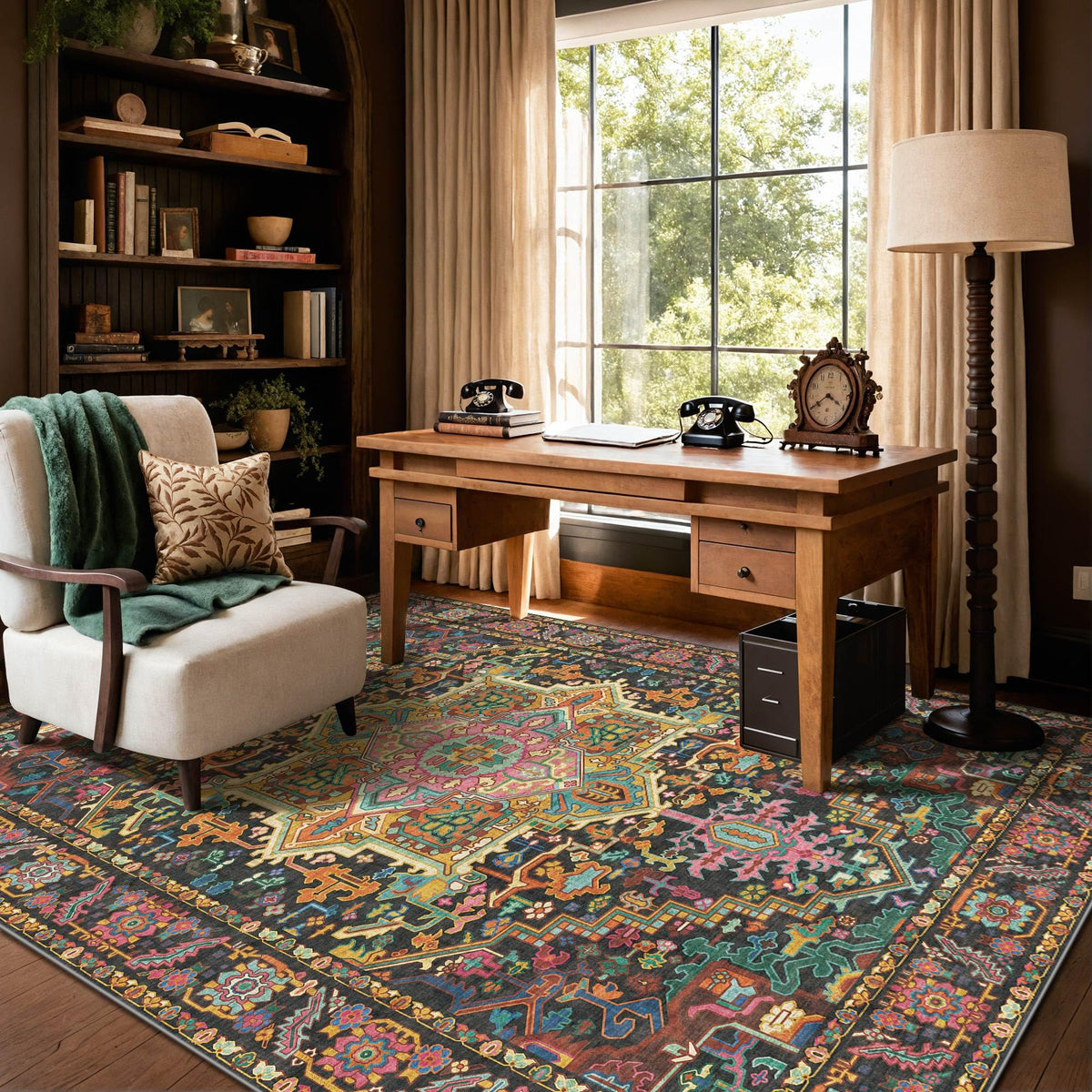 Kokia 9x12 Washable Area Rugs Maroon with Vintage Orient Design, Soft Rug for Living Room or Bedroom, Non-Slip Low Pile Stain Resistance Features, Distressed Medallion Pattern