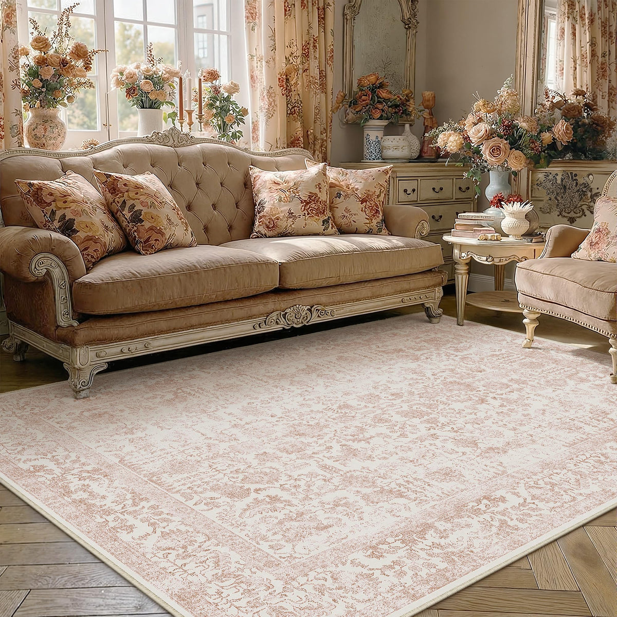 PureCozy Beige Area Rug 5x7 Vintage Farmhouse Floral