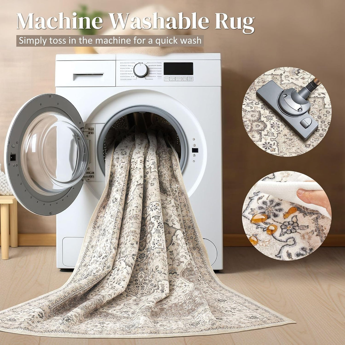 Vintage 9x12 Washable Area Rugs for Living Room, Non Slip, Brown