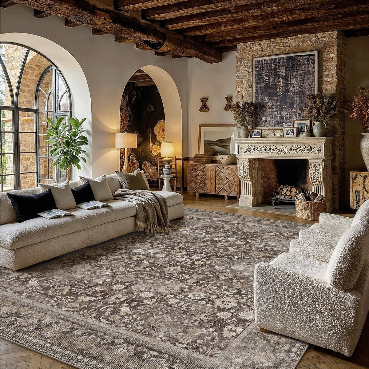 HUGEAR 2x6 Brown Vintage Floral Washable Runner Rug for Hallway