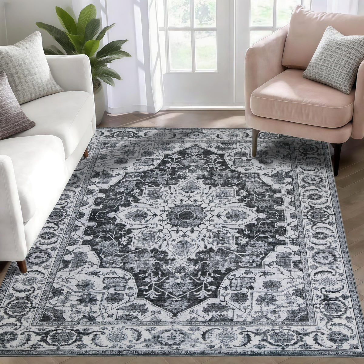 WILLSUN Washable Area Rugs, 5x7 Non-Slip Boho Large Area Rugs for Living Room, Bedroom, Machine Washable Vintage Rug, Indoor Floral Print Carpet for Home Decor, Kid & Pet Friendly Mat