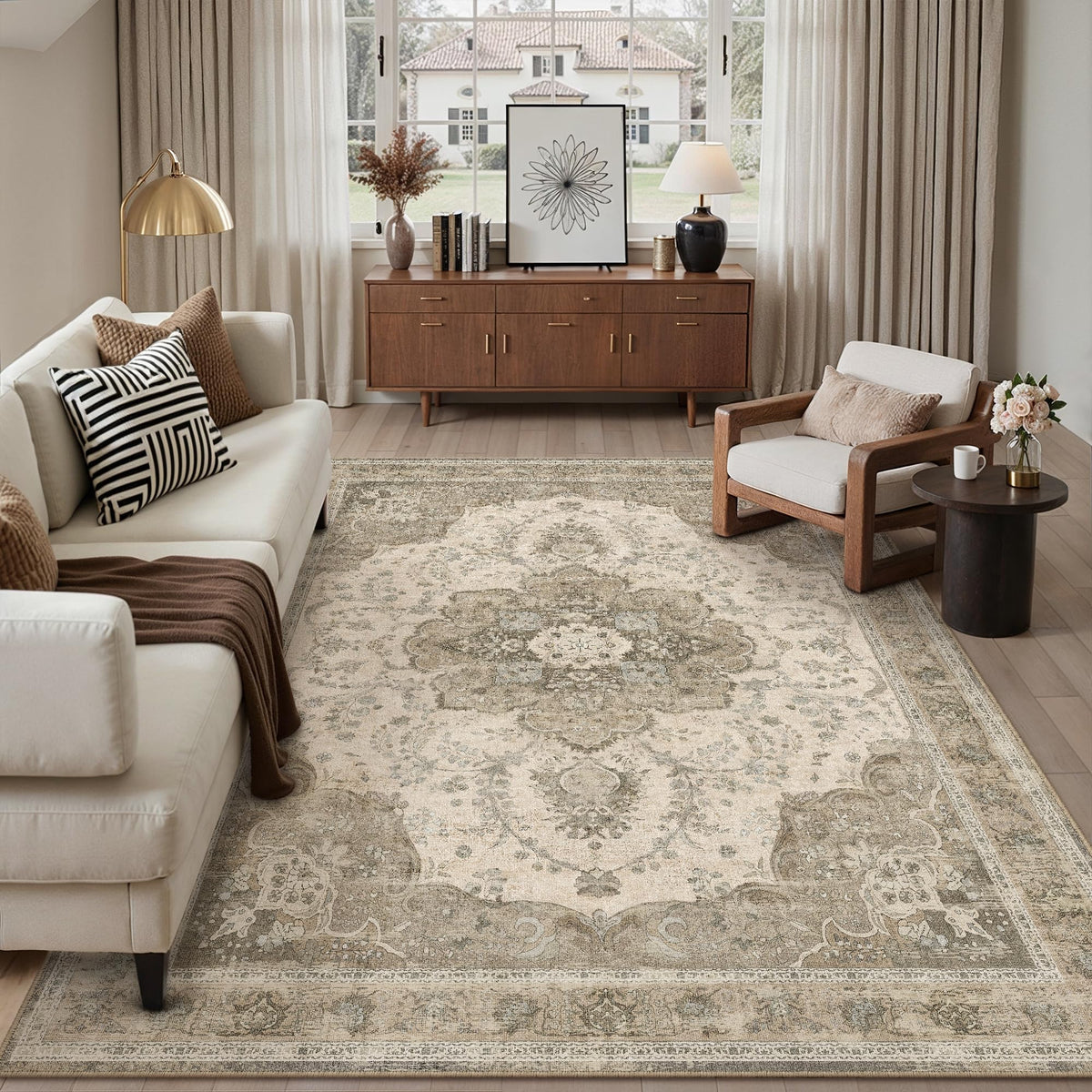 8x10 Beige Area Rug Vintage Carpet