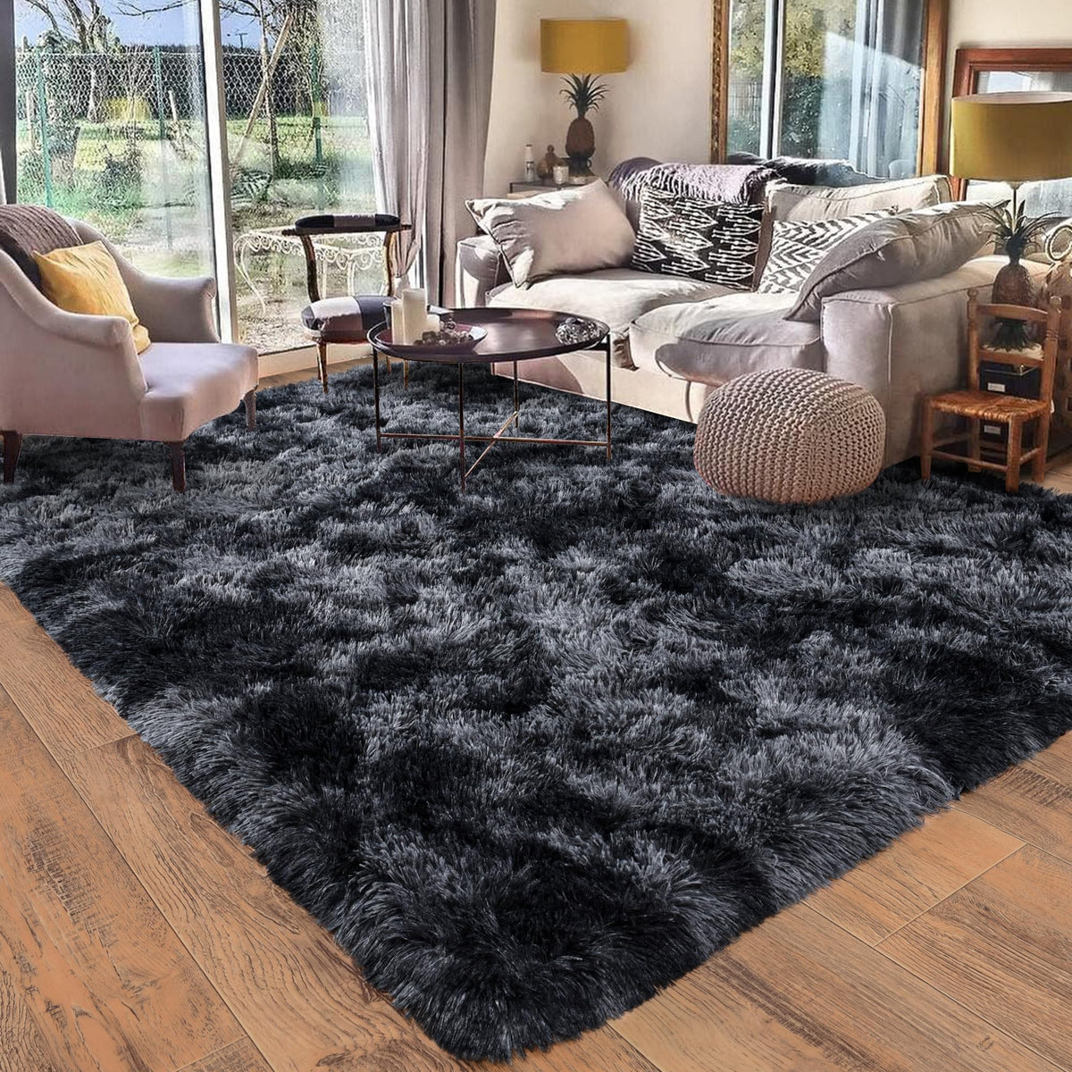 Black Rug for Bedroom, Soft Shaggy Modern Shag 4x6 Area Rugs for Living Room, Upgrade Non-Slip Plush Fluffy Carpet for Kids Boys Girls Room Dorm Home Decor Aesthetic