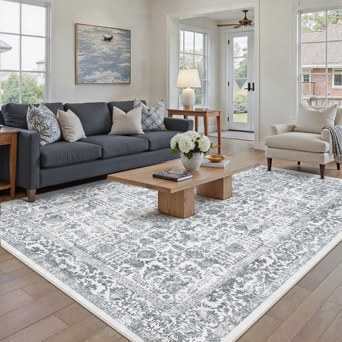 PureCozy Beige Area Rug 5x7 Vintage Farmhouse Floral