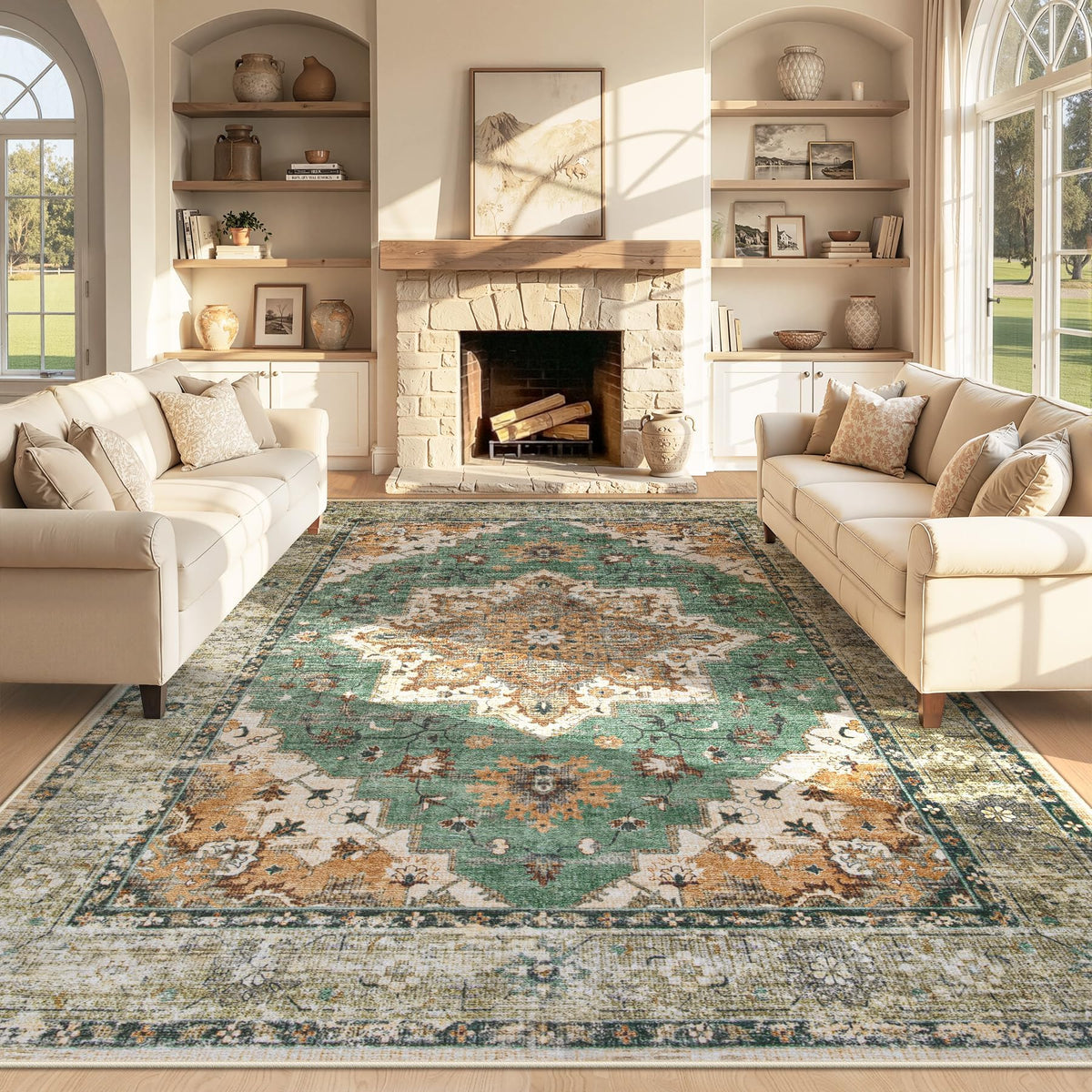 Area Rug 5x7 Vintage Rug: Washable Indoor Medallion Rugs Low Pile Distressed Floor Carpet Retro Accent Rug for Living Room Bedroom Kitchen Dining Table Home Office(Beige, 5'x7')