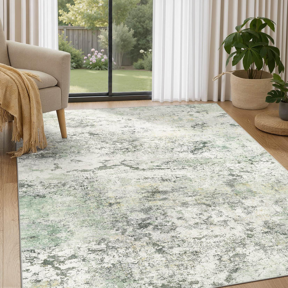 DMOYEST Area Rug Living Room Rugs 5x7 Washable Abstract Beige Blue Carpet