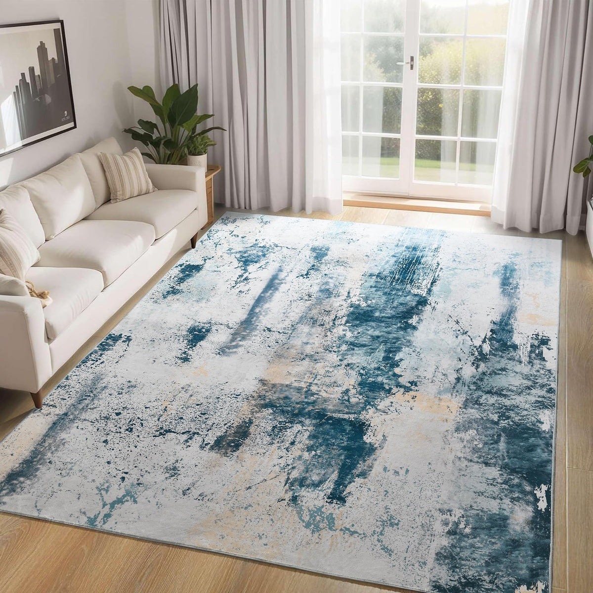 Living Room Rug 5x7 Gray Area Rug Machine Washable Boho Rug Non Slip Abstract Vintage Indoor Large Rugs for Bedroom, Classroom, College Dorm, Farmhouse, Dining Room, Kids Playroom