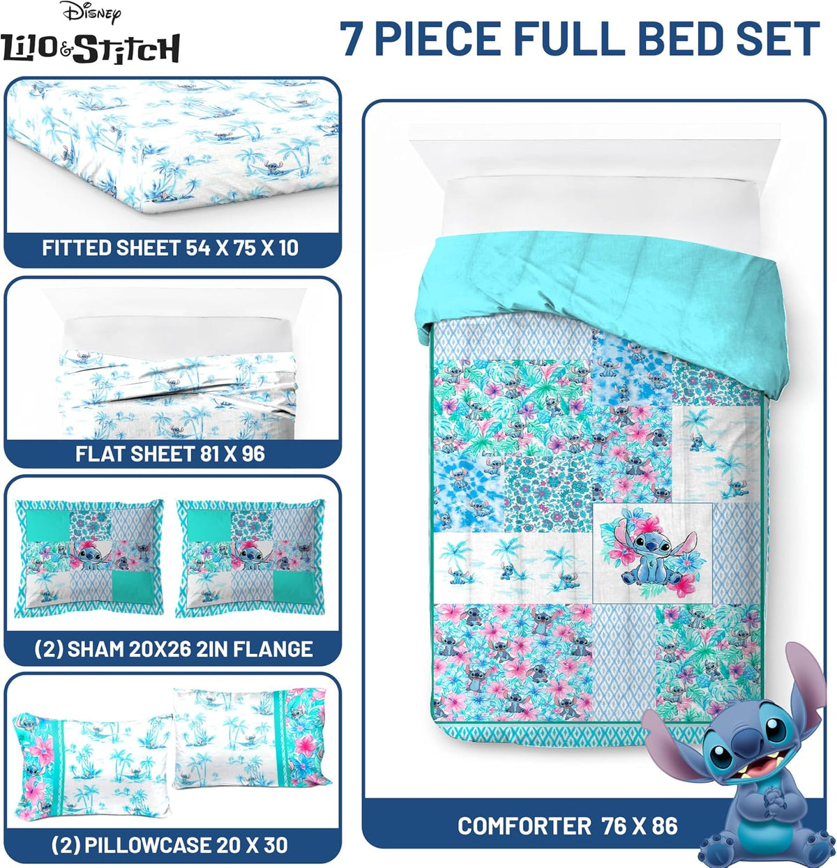Disney Lilo and Stitch Full Size Comforter Set 7 Piece Bedding, Multi