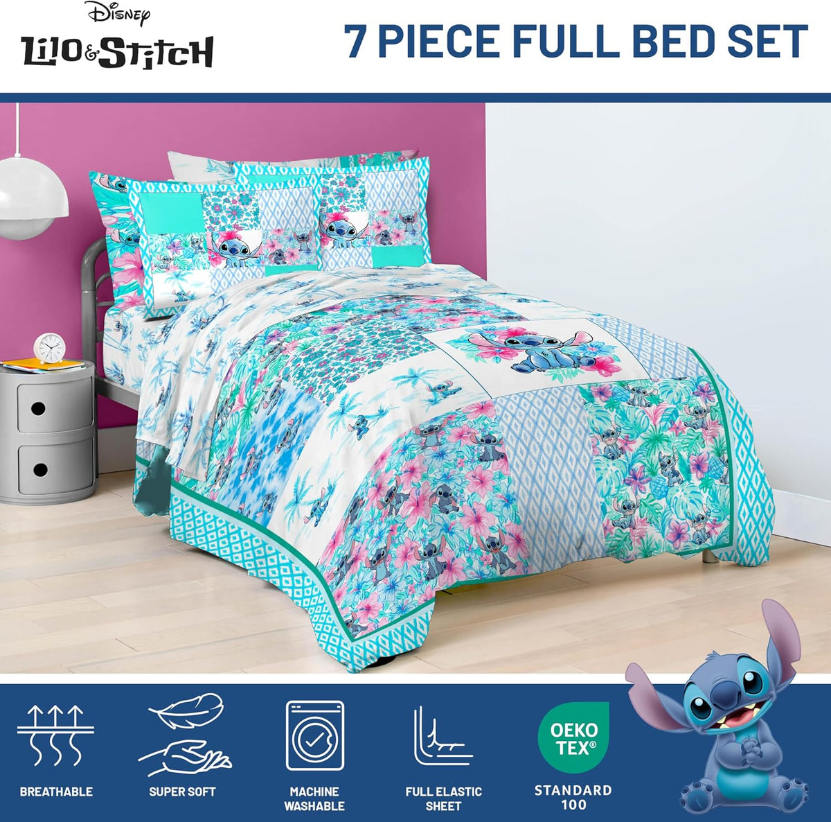 Disney Lilo and Stitch Full Size Comforter Set 7 Piece Bedding, Multi