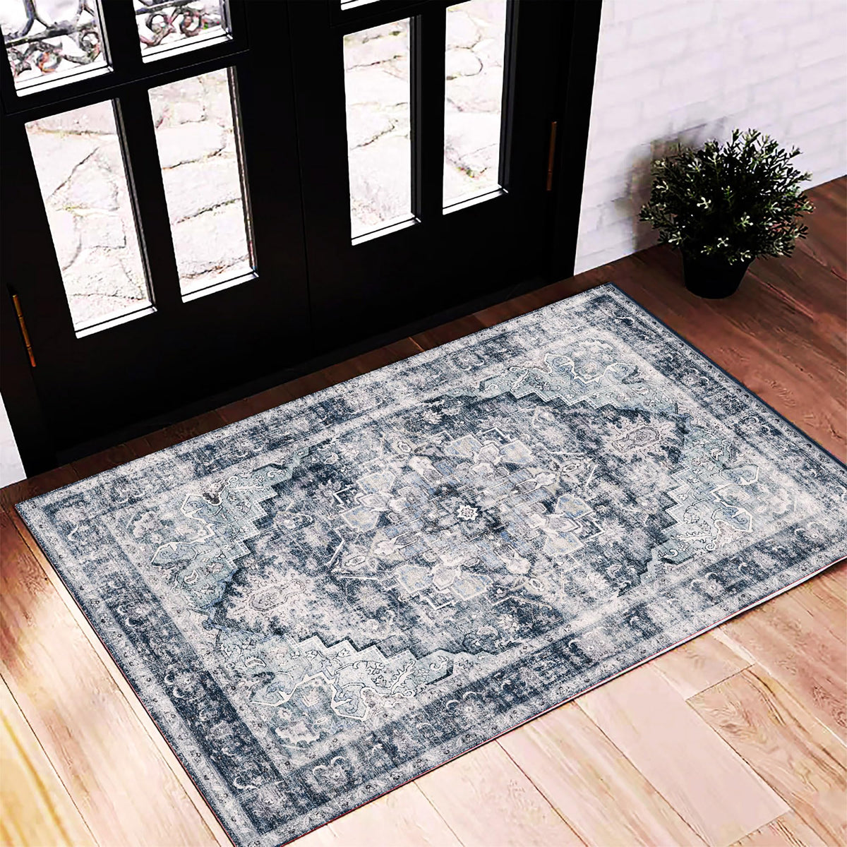 CHAMPLANT Area Rug 4x6 Washable Rug Gray Vintage Traditional Floor Cover Foldable Thin Retro Accent Indoor Distressed Non Slip Carpet Floral Print Mat Bedroom Living Room Bathroom