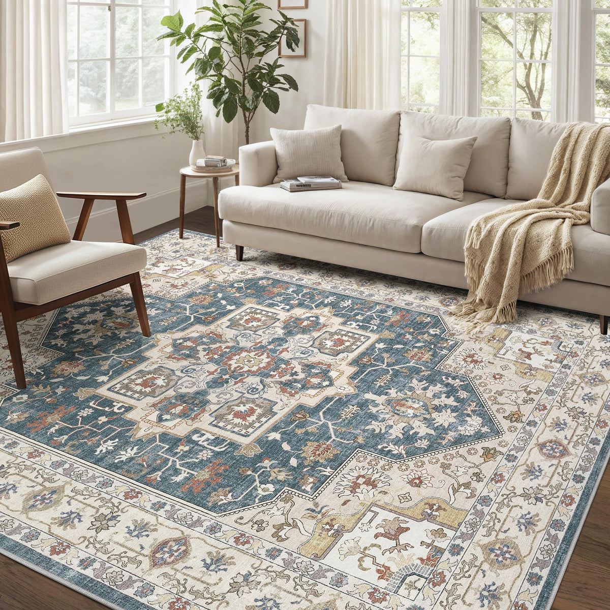 Vintage 9x12 Washable Area Rugs for Living Room, Non Slip, Brown