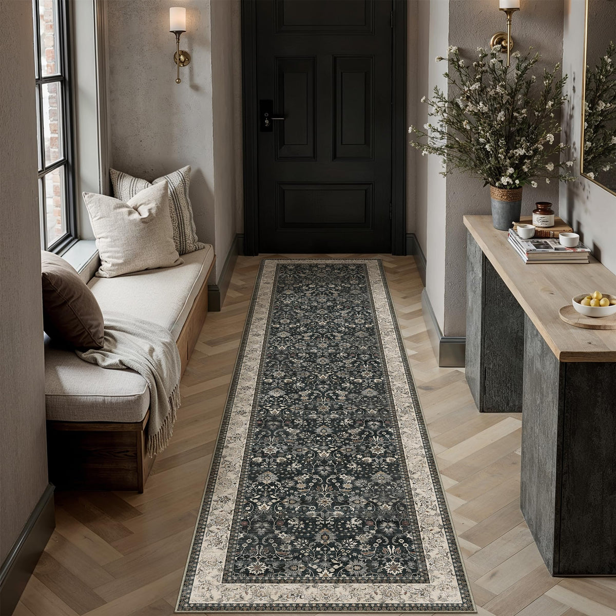 HUGEAR 2x6 Brown Vintage Floral Washable Runner Rug for Hallway