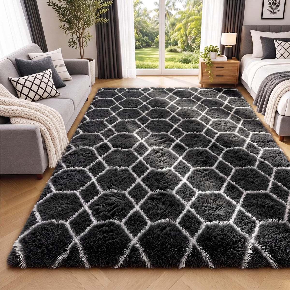 Area Rugs for Bedroom Living Room, 4x6 Fluffy Grey and Black Geometric Rug