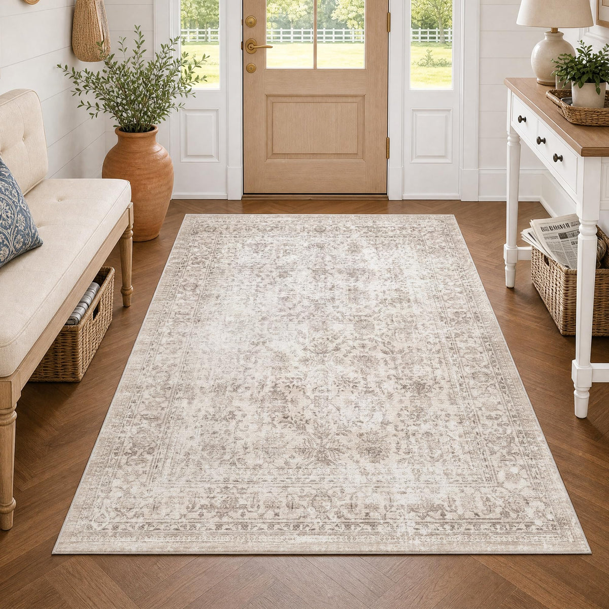 FMFUNCTEX 5x7 Washable Beige Neutral Vintage Retro Area Rug for Living Room