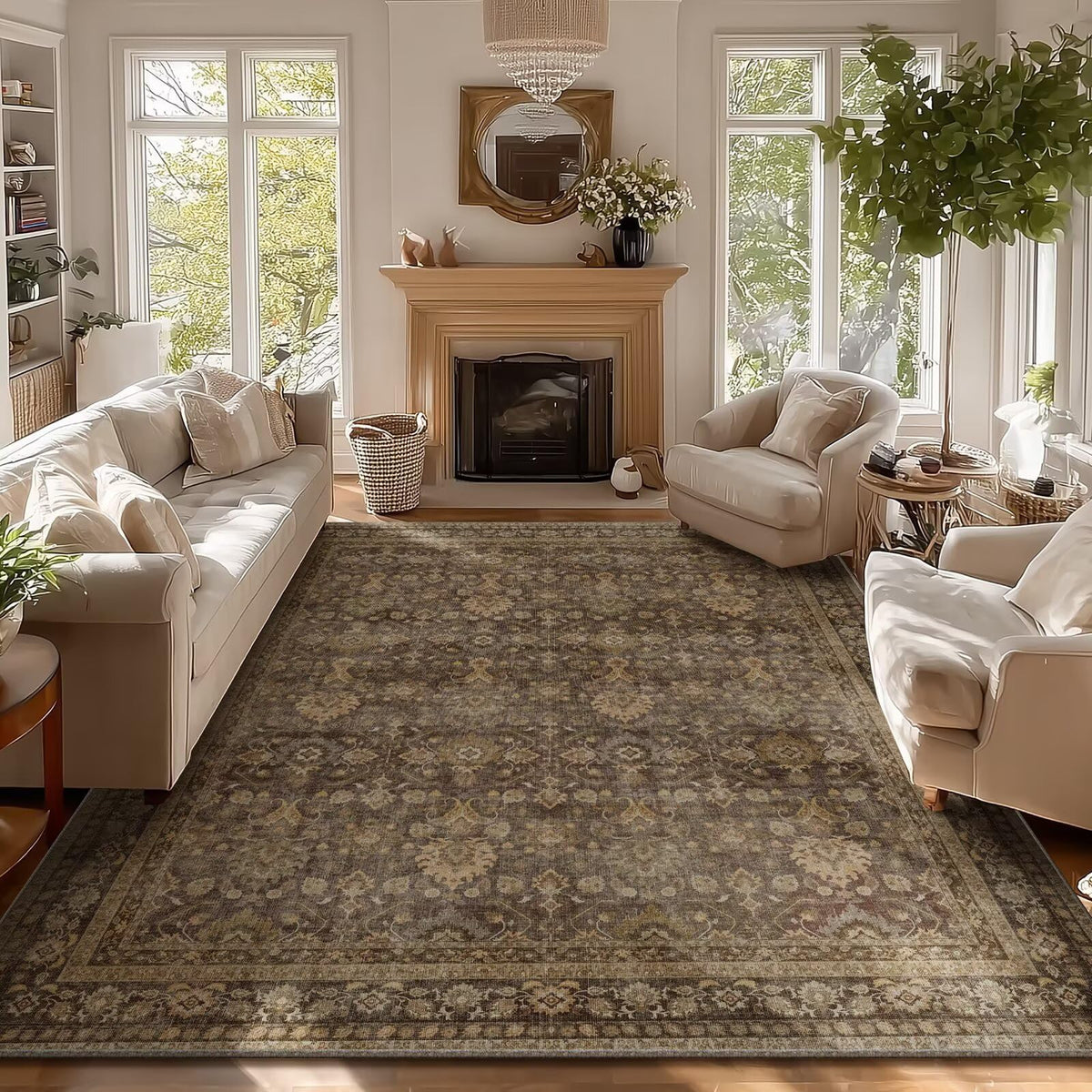 Washable 10x14 Area Rugs for Living Room, Ivory/Sage Gold