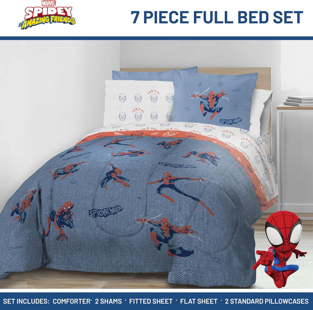 Marvel Spiderman Full Comforter Set 7 Piece Bedding for Boys, Blue