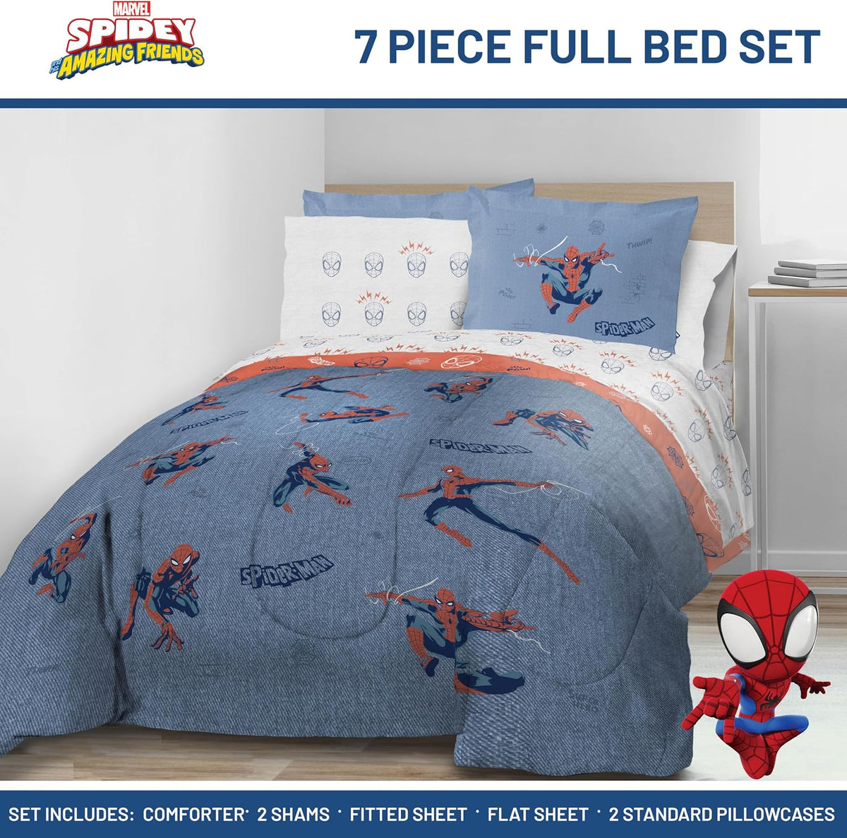 Marvel Spiderman Full Comforter Set 7 Piece Bedding for Boys, Blue