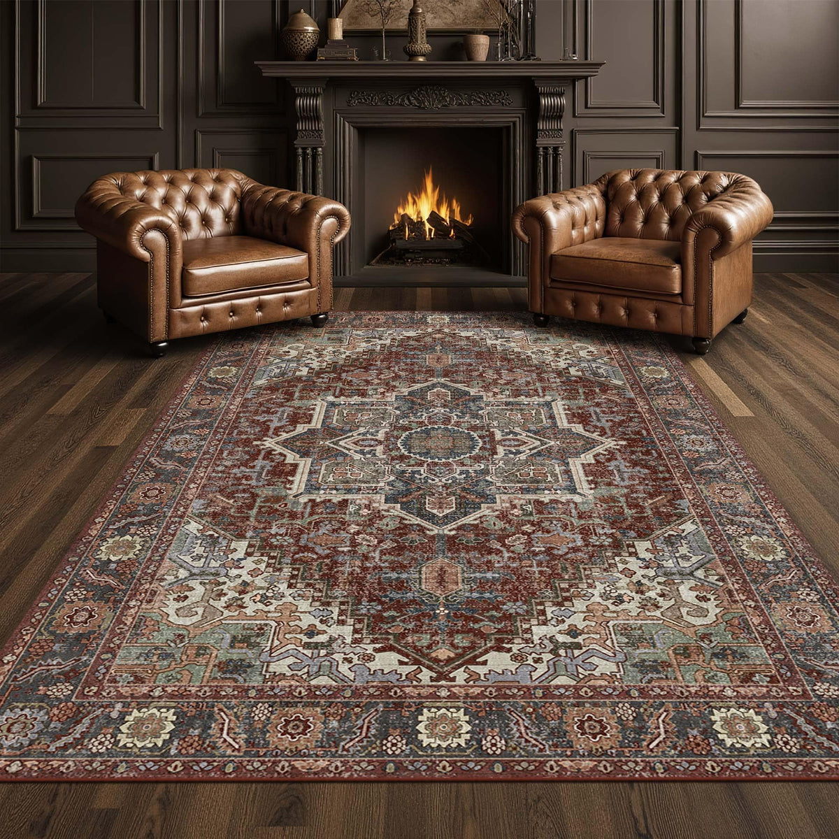 Kokia 9x12 Washable Area Rugs Maroon with Vintage Orient Design, Soft Rug for Living Room or Bedroom, Non-Slip Low Pile Stain Resistance Features, Distressed Medallion Pattern