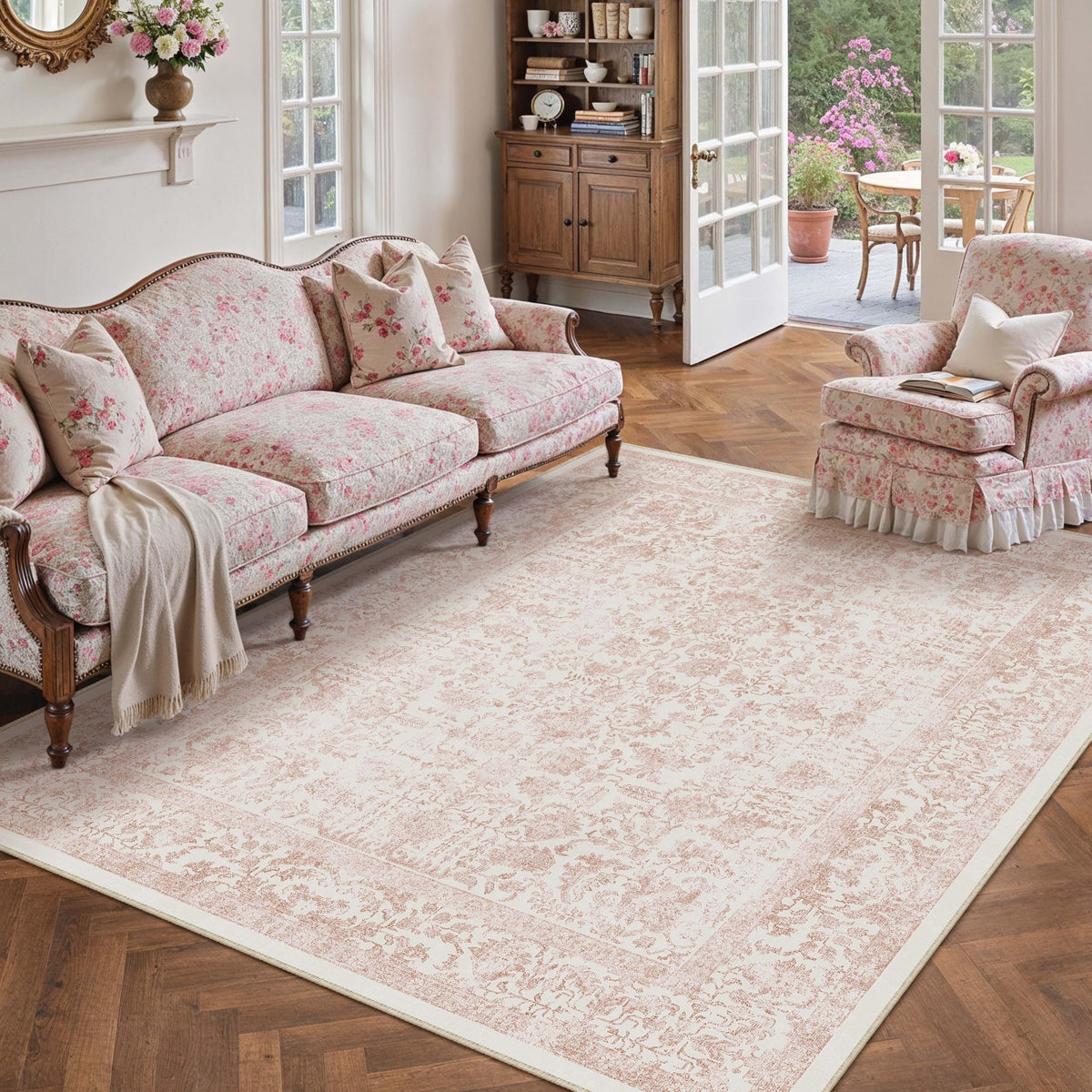 PureCozy Beige Area Rug 5x7 Vintage Farmhouse Floral