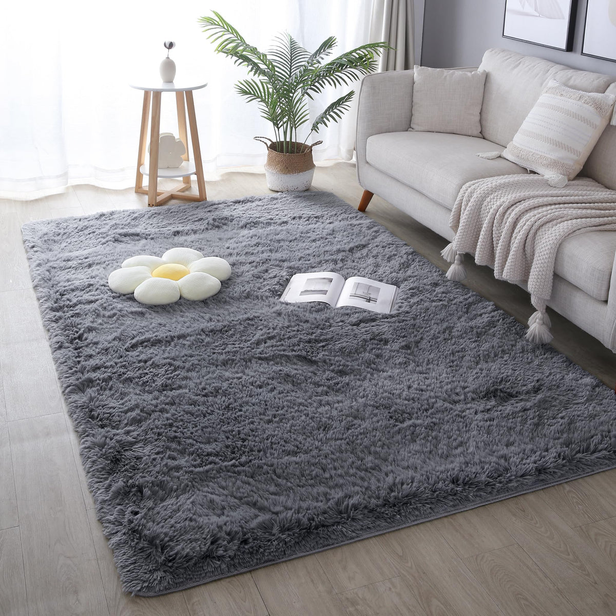 4x6 Light Grey Fluffy Shag Rug for Bedroom, Plush Washable Carpet