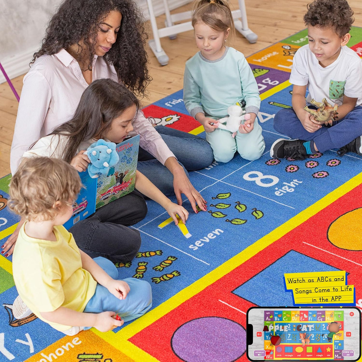 KC Cubs 5x7 ABC Alphabet, Numbers & Shapes Rug – Educational Non-Slip Play Mat Carpet for Kids, Toddlers, Nursery, Classroom, Playroom, Baby Daycare