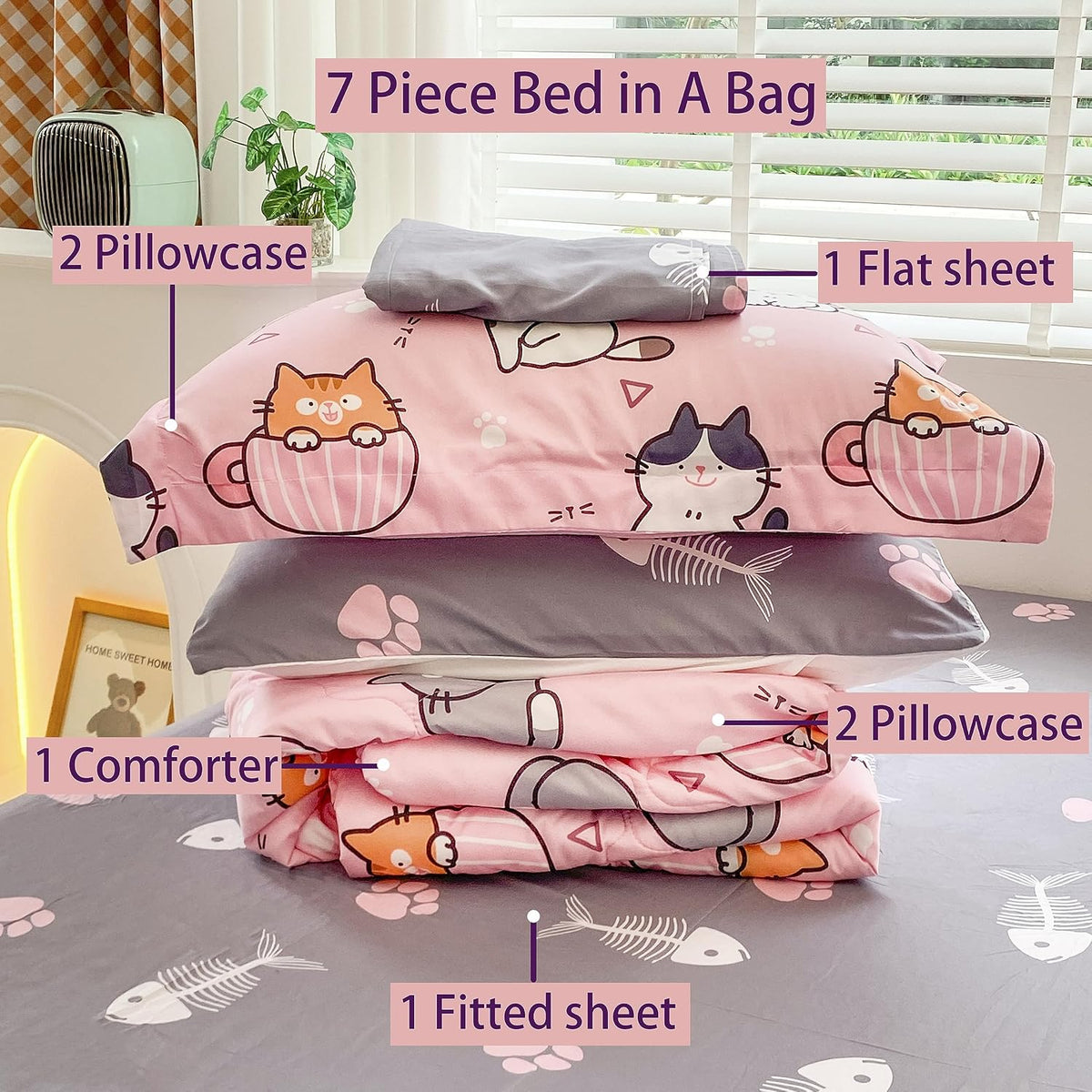 7 Piece Girls Cats Bedding Comforter Set Twin Size for Kids Bed in A Bag Pink Cute Cartoon Pet Cat Bedding Set for Boys Teens (1 Comforter, 1 Flat Sheet, 1 Fitted Sheet, 4 Pillow Sham) Gray