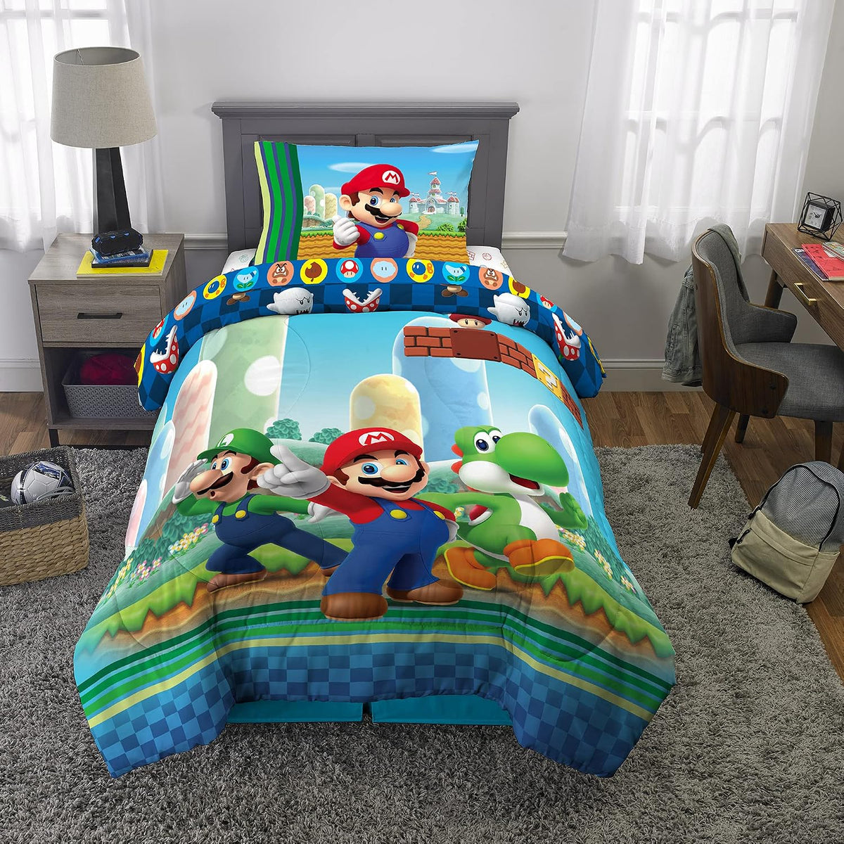 Super Mario Kids Twin Size Bedding, 4 Piece Super Soft Cozy Reversible Comforter and Sheet Set, (Officially Licensed Product) By Franco