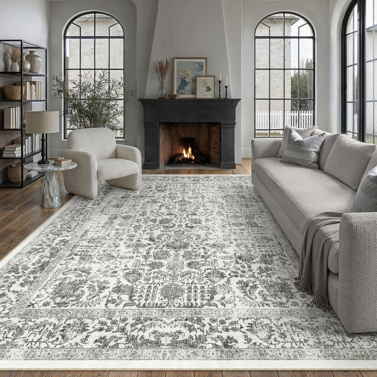 PureCozy Beige Area Rug 5x7 Vintage Farmhouse Floral