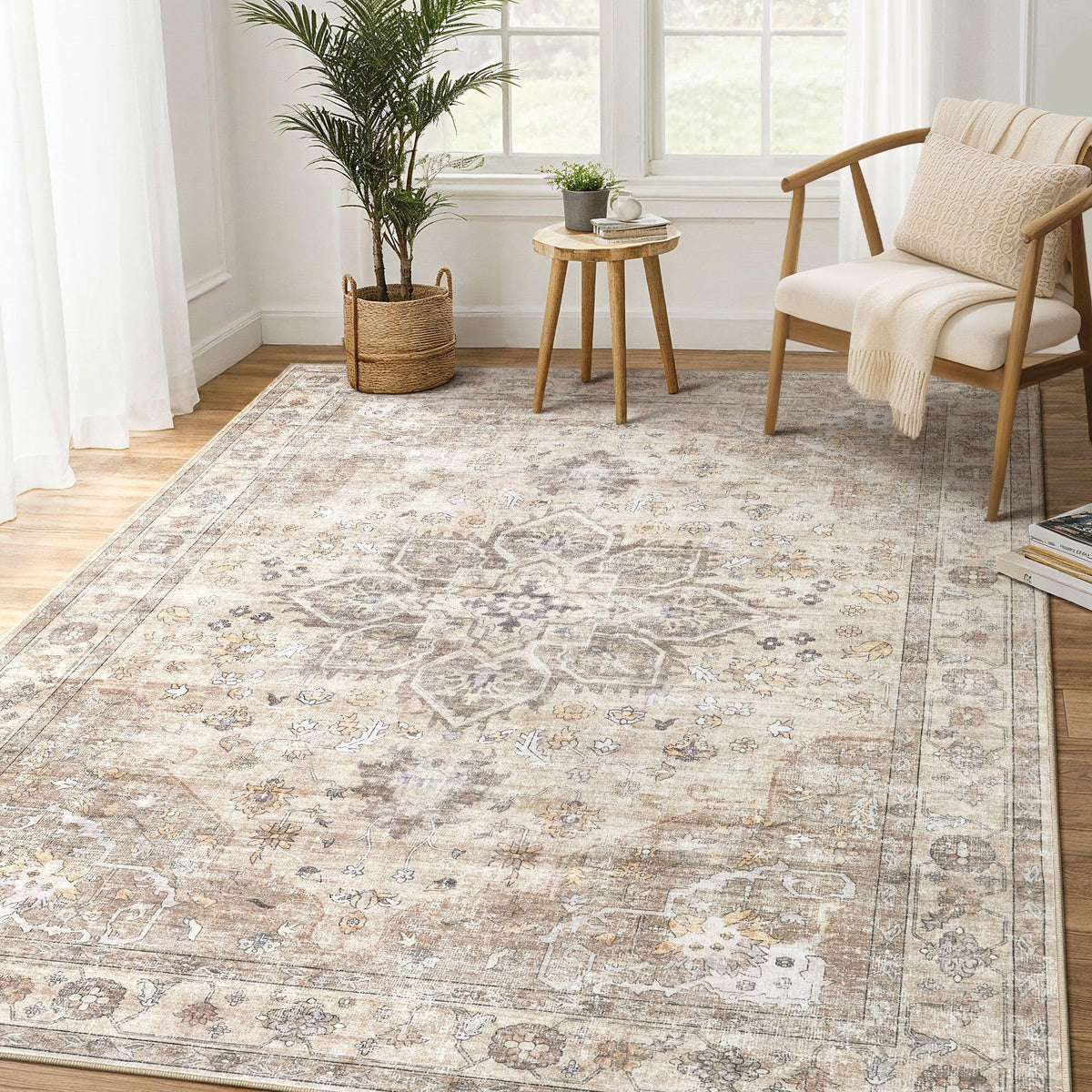 Vintage 9x12 Washable Area Rugs for Living Room, Non Slip, Brown