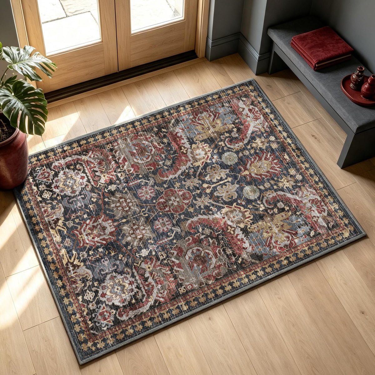 RUGSURE Washable Area Rug - 1/6 Thick - Stain & Water Resistant Non-Slip - Resistant Rug for Living Room, Bedroom, Nursery, Pet & Child Friendly, Vintage Charm Area Rugs (Grey+LightTeal, 3' x 5 ')