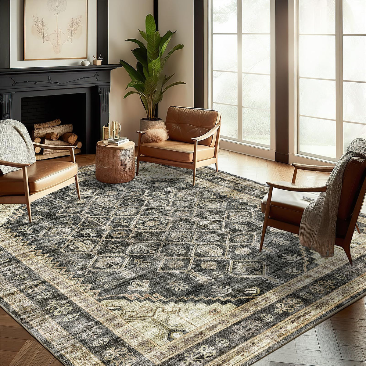 CHAMPLANT Area Rug 4x6 Washable Rug Gray Vintage Traditional Floor Cover Foldable Thin Retro Accent Indoor Distressed Non Slip Carpet Floral Print Mat Bedroom Living Room Bathroom
