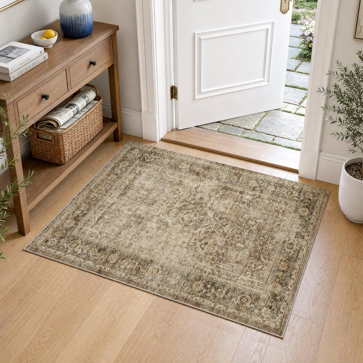 FMFUNCTEX 5x7 Washable Beige Neutral Vintage Retro Area Rug for Living Room