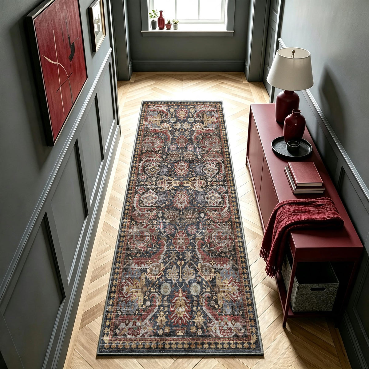 RUGSURE Washable Area Rug - 1/6 Thick - Stain & Water Resistant Non-Slip - Resistant Rug for Living Room, Bedroom, Nursery, Pet & Child Friendly, Vintage Charm Area Rugs (Grey+LightTeal, 3' x 5 ')