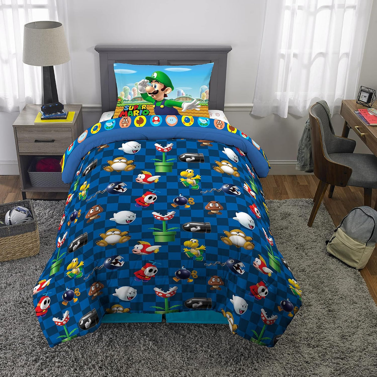 Super Mario Kids Twin Size Bedding, 4 Piece Super Soft Cozy Reversible Comforter and Sheet Set, (Officially Licensed Product) By Franco