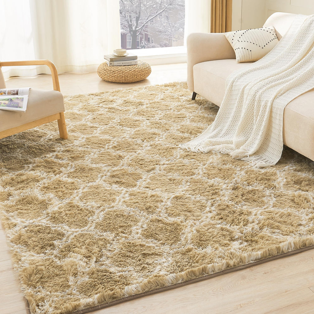 Litanika 4x6 Shag Area Rug for Bedroom, Tie-Dyed Beige Plush Rug