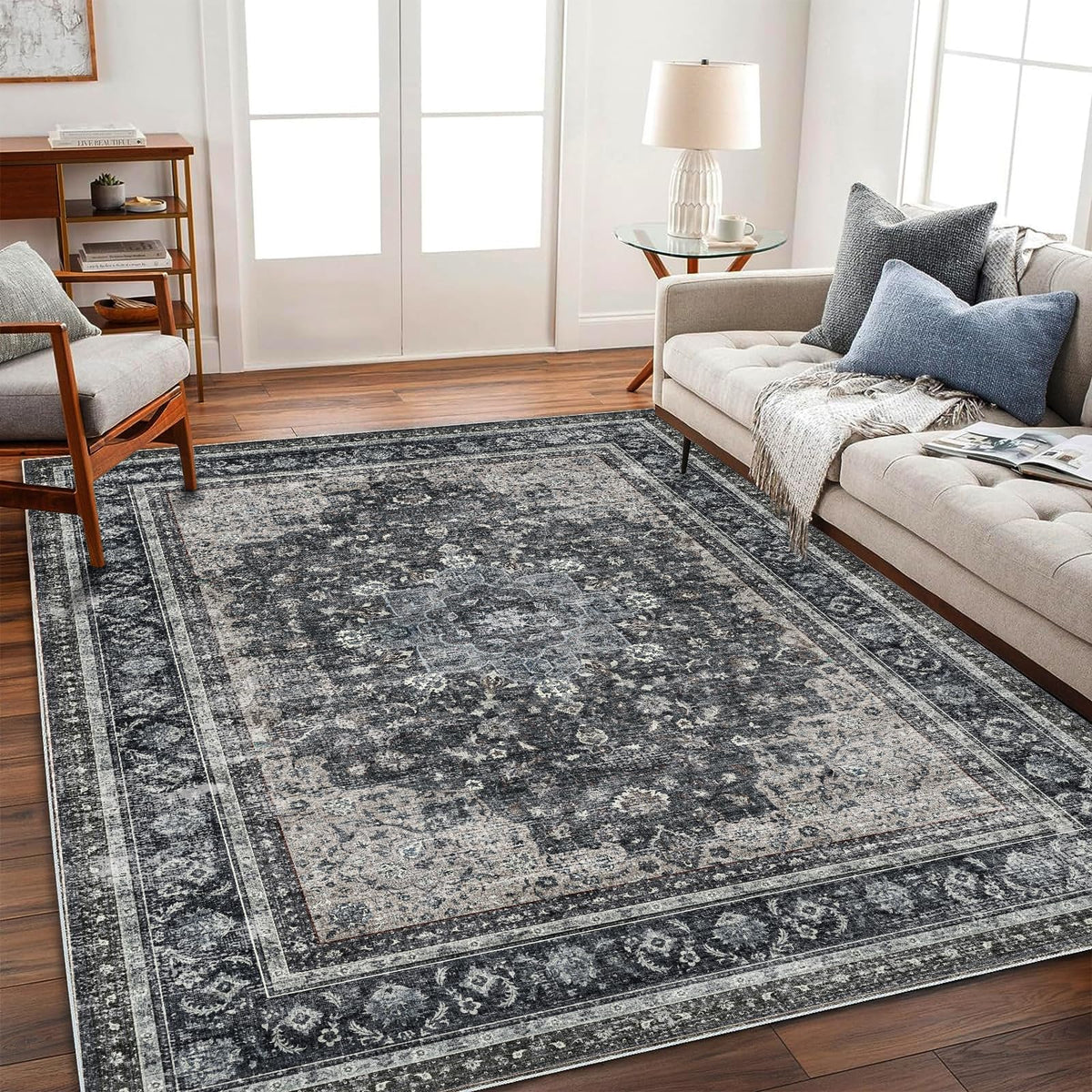 CHAMPLANT Area Rug 4x6 Washable Rug Gray Vintage Traditional Floor Cover Foldable Thin Retro Accent Indoor Distressed Non Slip Carpet Floral Print Mat Bedroom Living Room Bathroom