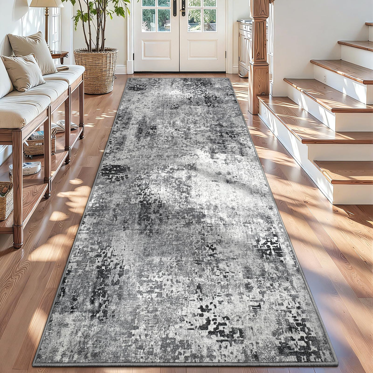 Living Room Rug 5x7 Gray Area Rug Machine Washable Boho Rug Non Slip Abstract Vintage Indoor Large Rugs for Bedroom, Classroom, College Dorm, Farmhouse, Dining Room, Kids Playroom