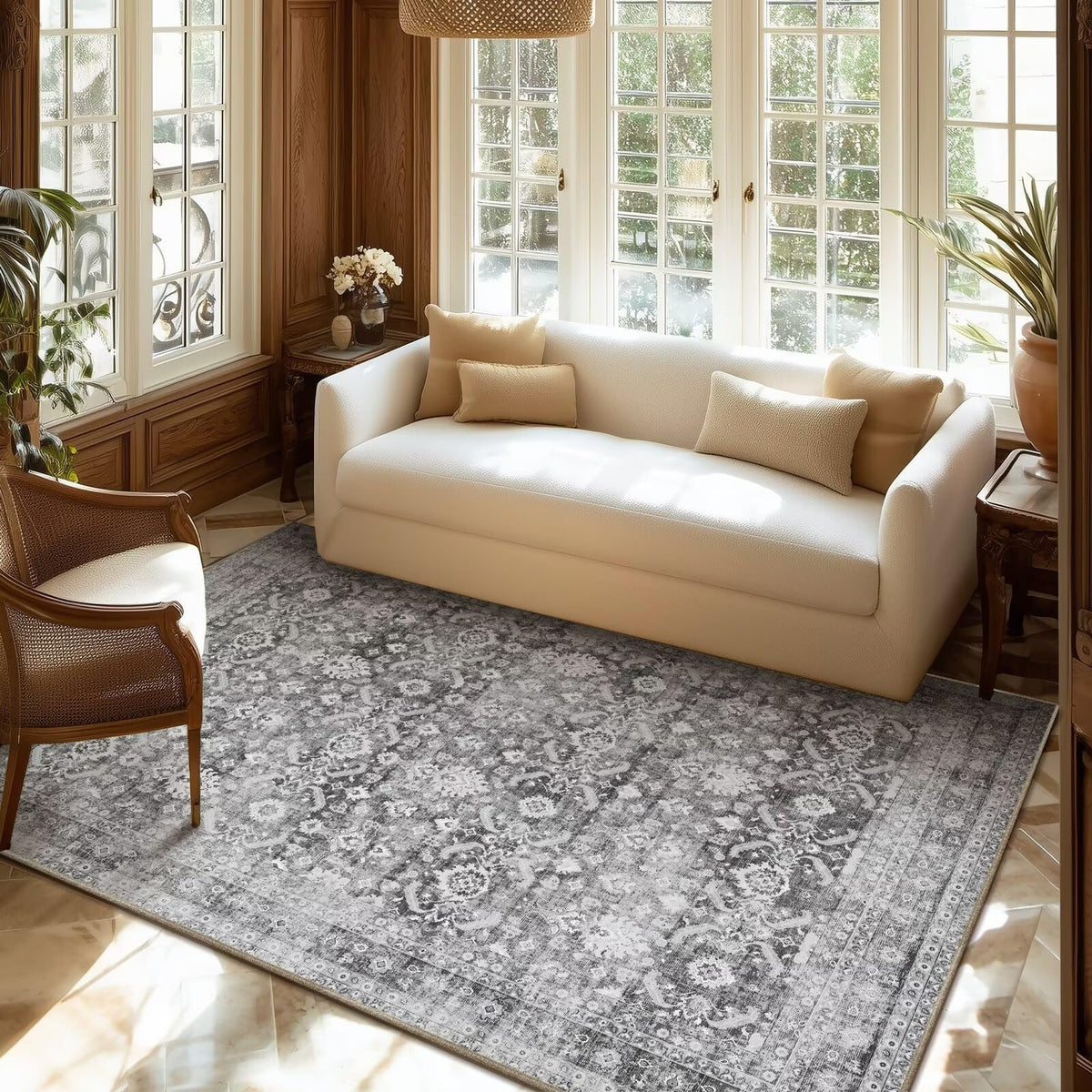 Washable 10x14 Area Rugs for Living Room, Ivory/Sage Gold