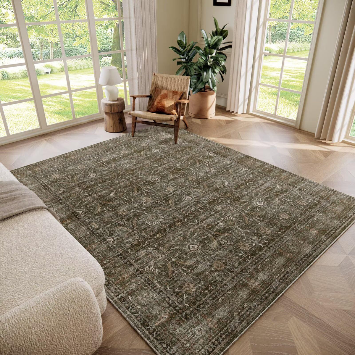 Washable 10x14 Area Rugs for Living Room, Ivory/Sage Gold