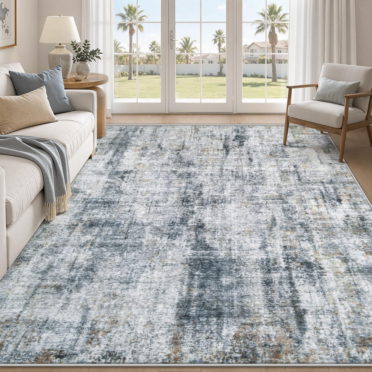 MXSANYOO 6x9 Area Rugs Washable Rug: Abstract Neutral Rugs Modern Non Slip Area Rug Stain Resistant Low Pile Indoor Carpet for Dining Room Bedroom Nursery Office (Beige, 6'x9')