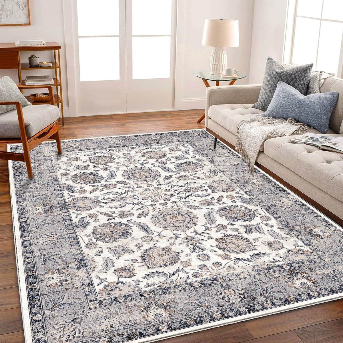 CHAMPLANT Area Rug 4x6 Washable Rug Gray Vintage Traditional Floor Cover Foldable Thin Retro Accent Indoor Distressed Non Slip Carpet Floral Print Mat Bedroom Living Room Bathroom
