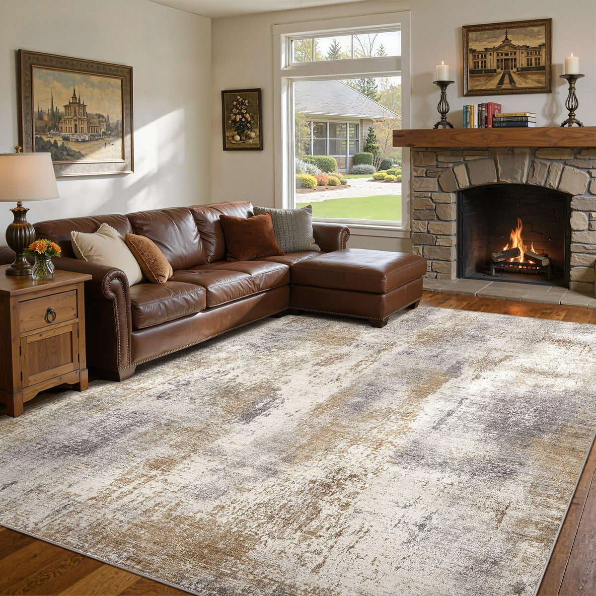 DMOYEST Area Rug Living Room Rugs 5x7 Washable Abstract Beige Blue Carpet