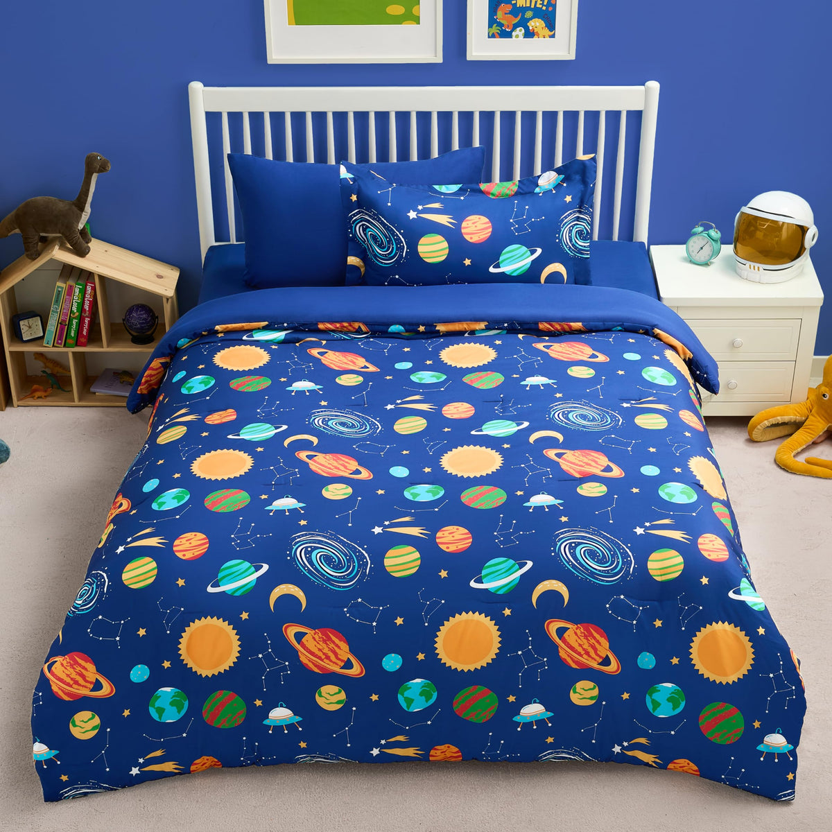 Joiedomi Kids Comforter Set Bedding Set for Boys Girls Super Soft Microfiber Bed in a Bag with Comforter Sheets Pillowcase Sham, Dark Blue Dinosaur, Twin