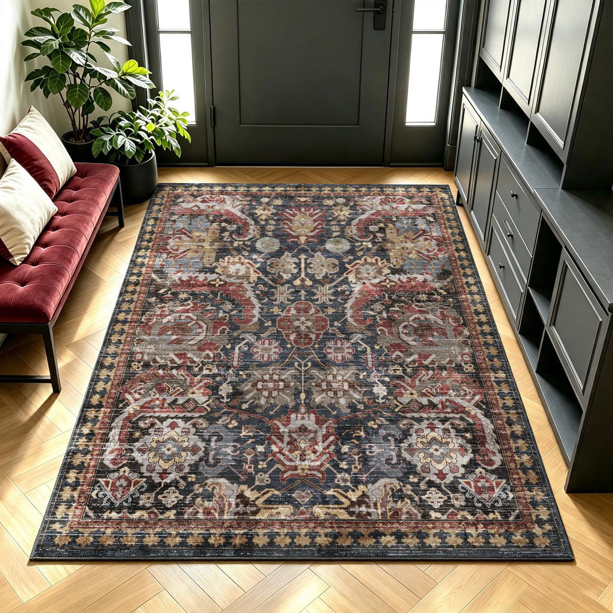 RUGSURE Washable Area Rug - 1/6 Thick - Stain & Water Resistant Non-Slip - Resistant Rug for Living Room, Bedroom, Nursery, Pet & Child Friendly, Vintage Charm Area Rugs (Grey+LightTeal, 3' x 5 ')