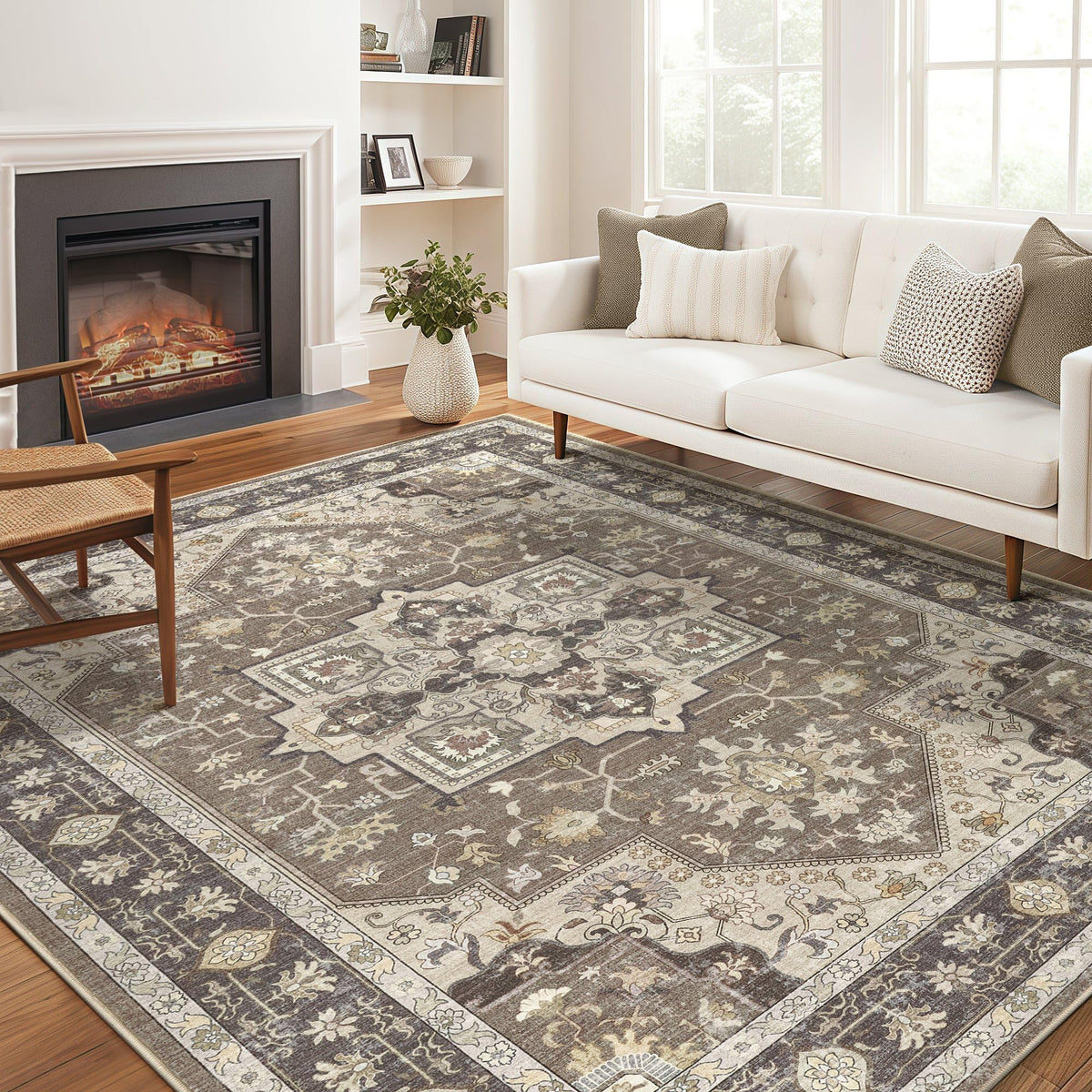 Vintage 9x12 Washable Area Rugs for Living Room, Non Slip, Brown