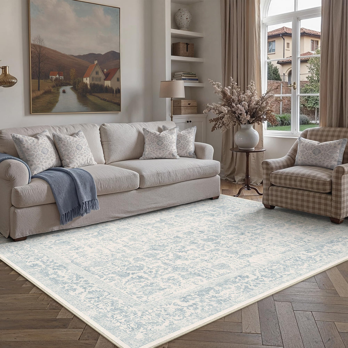 PureCozy Beige Area Rug 5x7 Vintage Farmhouse Floral