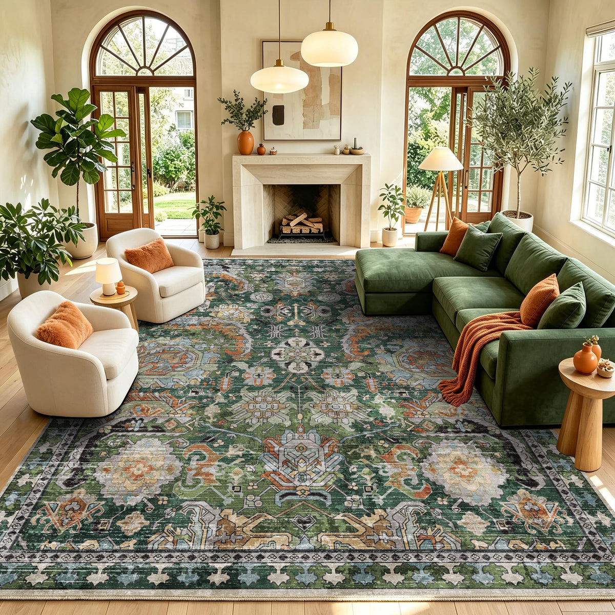 RUGSURE Washable Area Rug - 1/6 Thick - Stain & Water Resistant Non-Slip - Resistant Rug for Living Room, Bedroom, Nursery, Pet & Child Friendly, Vintage Charm Area Rugs (Grey+LightTeal, 3' x 5 ')