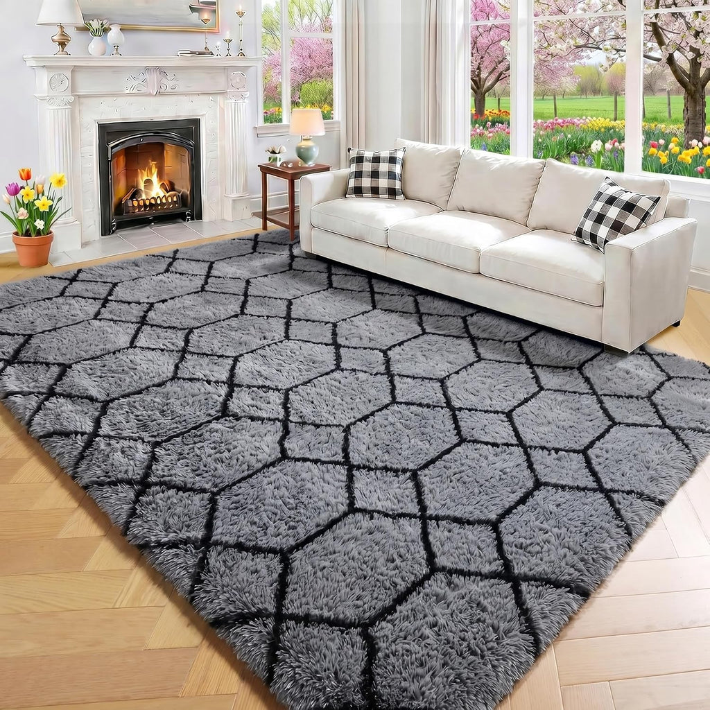 Area Rugs for Bedroom Living Room, 4x6 Fluffy Grey and Black Geometric Rug
